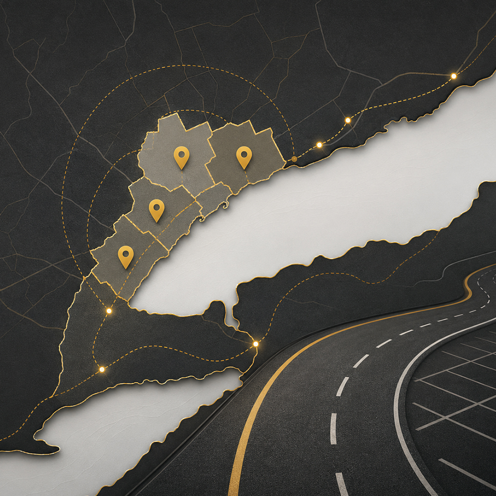 Southern Ontario map shown along with a paving road, depicting paving all of southern Ontario. 